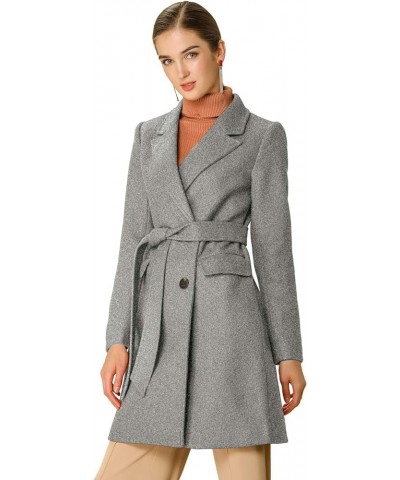 Women's Notch Lapel Double Breasted Belted Mid Long Outwear Winter Coat Grey $36.90 Coats