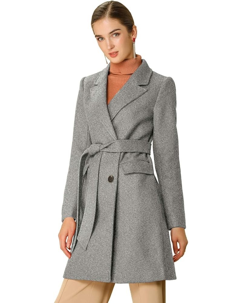 Women's Notch Lapel Double Breasted Belted Mid Long Outwear Winter Coat Grey $36.90 Coats