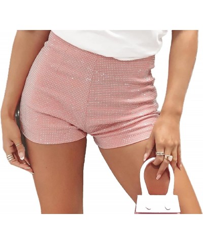 Women Glitter Mini Shorts Elastic High Waist Studded Shorts Stretchy Skinny Slim Fitted Straight Shorts Party Shine Pink $10....