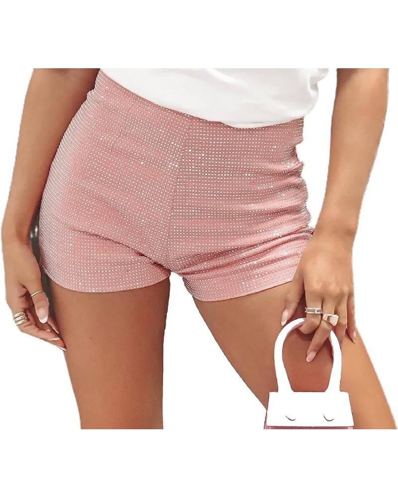 Women Glitter Mini Shorts Elastic High Waist Studded Shorts Stretchy Skinny Slim Fitted Straight Shorts Party Shine Pink $10....