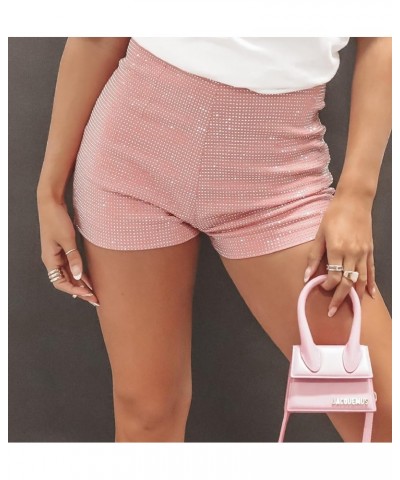 Women Glitter Mini Shorts Elastic High Waist Studded Shorts Stretchy Skinny Slim Fitted Straight Shorts Party Shine Pink $10....