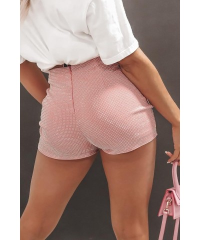 Women Glitter Mini Shorts Elastic High Waist Studded Shorts Stretchy Skinny Slim Fitted Straight Shorts Party Shine Pink $10....