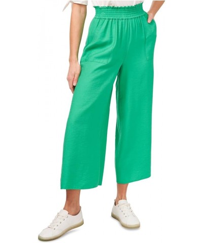 Womens Stretch Pocketed Drawstring Elastic Waist Cropped Wide Leg Pants Green $17.49 Pants