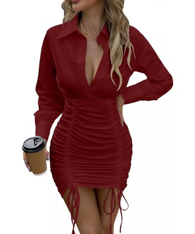 Women's Collar V Neck Ruched Drawstring High Waist Long Sleeve Bodycon Mini Shirt Dress Burgundy $19.78 Dresses