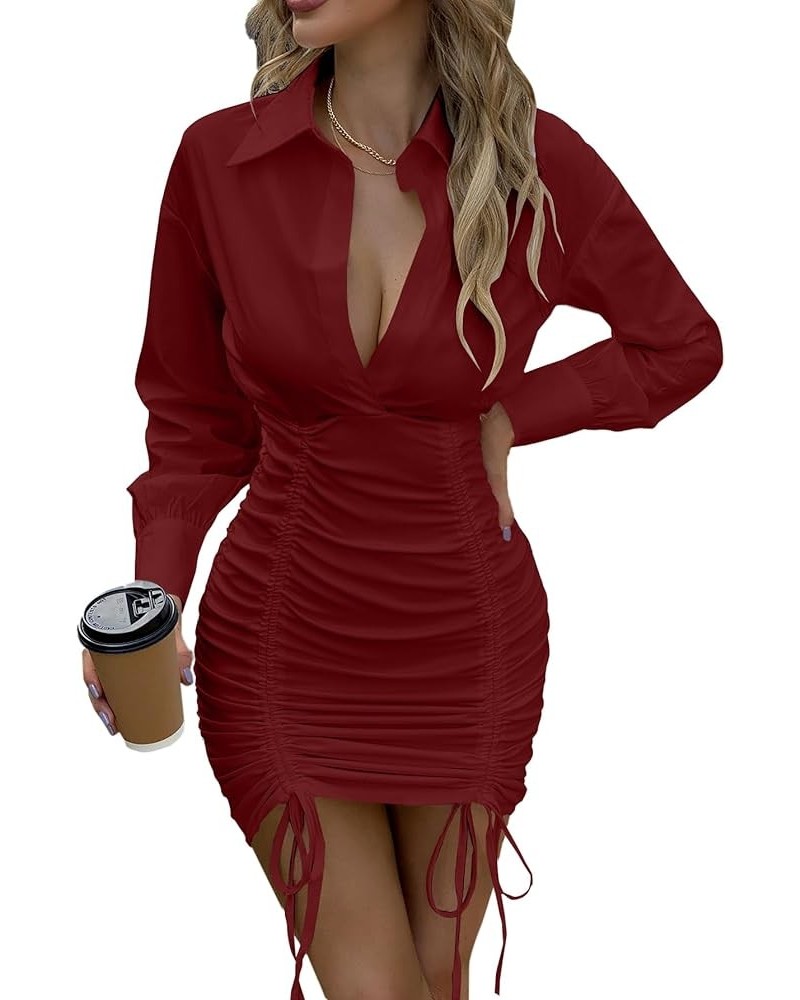 Women's Collar V Neck Ruched Drawstring High Waist Long Sleeve Bodycon Mini Shirt Dress Burgundy $19.78 Dresses