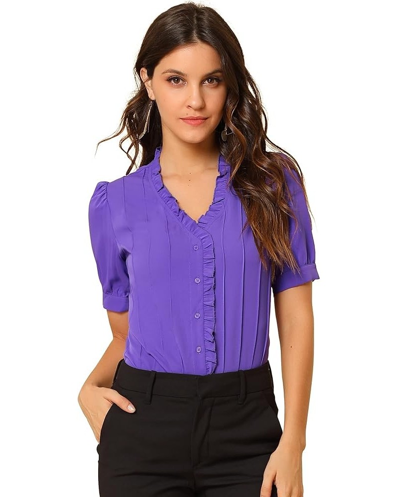 Women's Pleated Front Ruffle V Neck Puff Short Sleeve Blouse Purple $10.12 Blouses