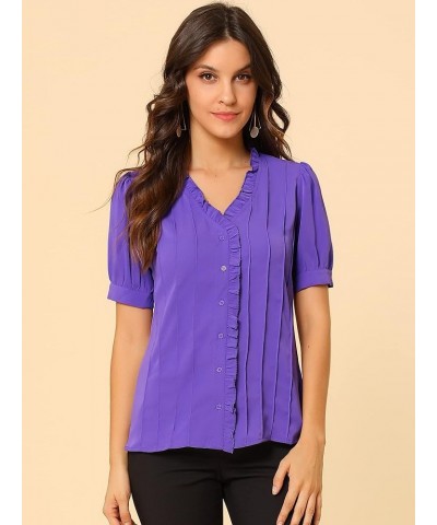 Women's Pleated Front Ruffle V Neck Puff Short Sleeve Blouse Purple $10.12 Blouses