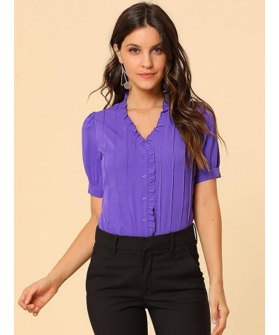 Women's Pleated Front Ruffle V Neck Puff Short Sleeve Blouse Purple $10.12 Blouses