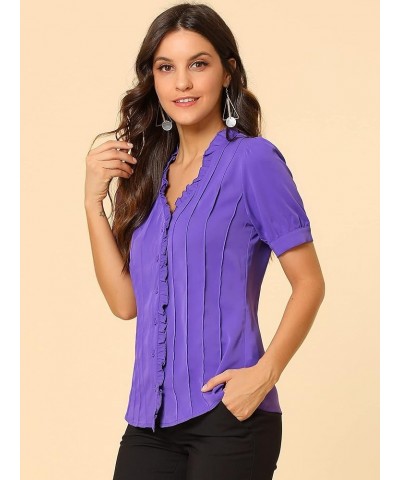 Women's Pleated Front Ruffle V Neck Puff Short Sleeve Blouse Purple $10.12 Blouses