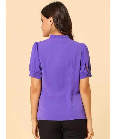 Women's Pleated Front Ruffle V Neck Puff Short Sleeve Blouse Purple $10.12 Blouses