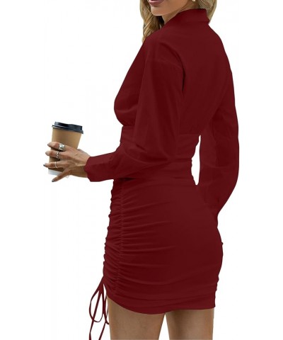 Women's Collar V Neck Ruched Drawstring High Waist Long Sleeve Bodycon Mini Shirt Dress Burgundy $19.78 Dresses