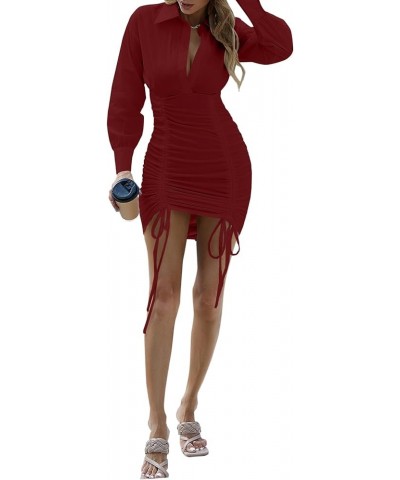 Women's Collar V Neck Ruched Drawstring High Waist Long Sleeve Bodycon Mini Shirt Dress Burgundy $19.78 Dresses