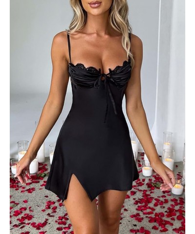 Women Mini Dress Summer Sexy Low Cut Vintage Slim Fit Dress Sleeveless Backless Lace Trim Split Bodycon Dress Black $9.17 Dre...