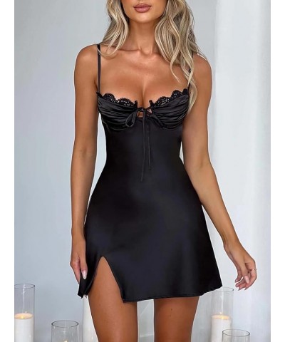 Women Mini Dress Summer Sexy Low Cut Vintage Slim Fit Dress Sleeveless Backless Lace Trim Split Bodycon Dress Black $9.17 Dre...