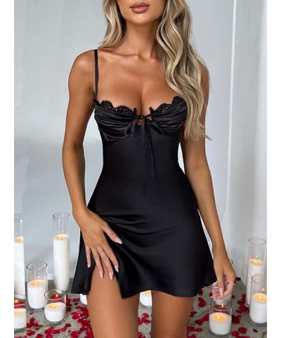 Women Mini Dress Summer Sexy Low Cut Vintage Slim Fit Dress Sleeveless Backless Lace Trim Split Bodycon Dress Black $9.17 Dre...