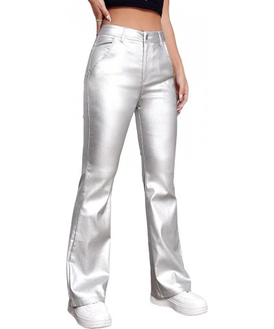 Women's Slant Pocket Straight Leg High Stretch Jeans Leather Look Long Pants Silver $25.99 Jeans