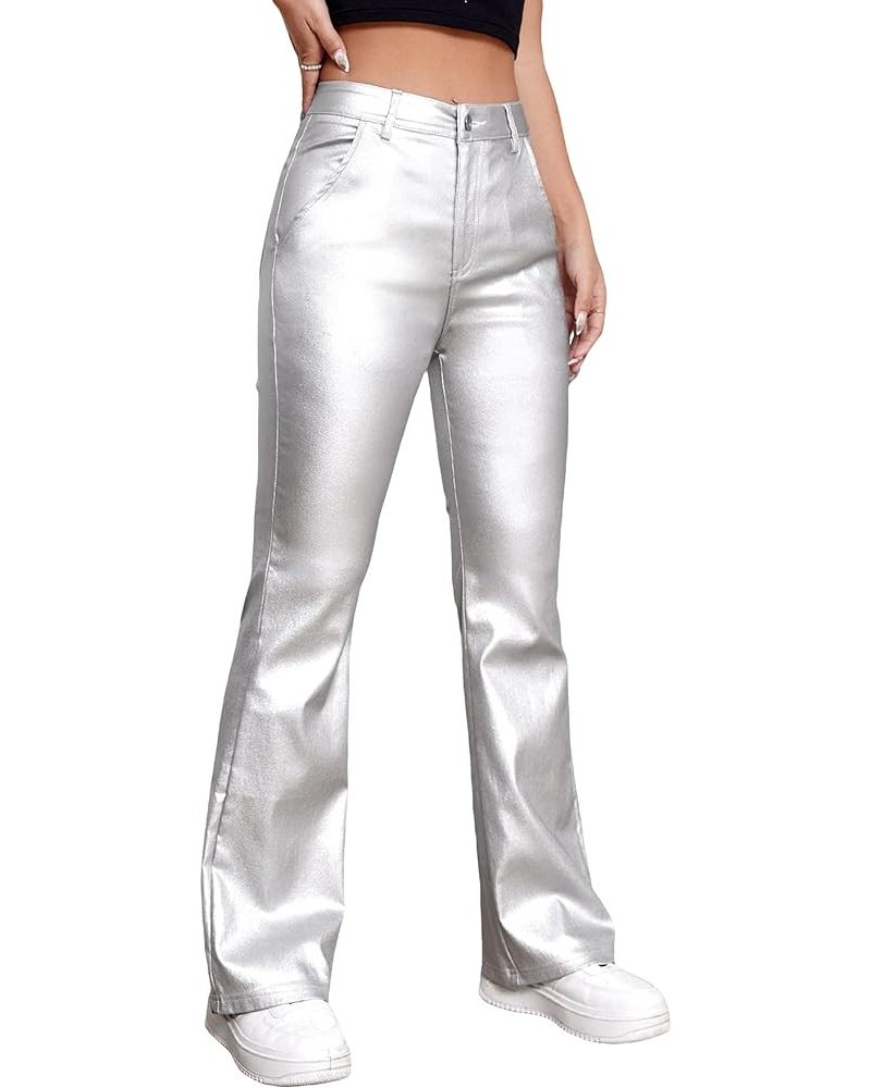 Women's Slant Pocket Straight Leg High Stretch Jeans Leather Look Long Pants Silver $25.99 Jeans