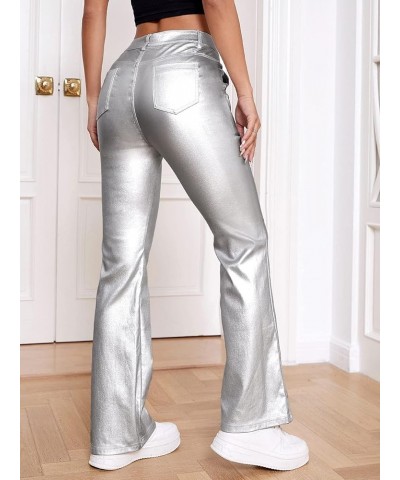 Women's Slant Pocket Straight Leg High Stretch Jeans Leather Look Long Pants Silver $25.99 Jeans