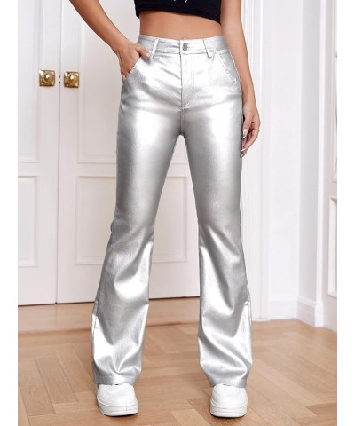 Women's Slant Pocket Straight Leg High Stretch Jeans Leather Look Long Pants Silver $25.99 Jeans