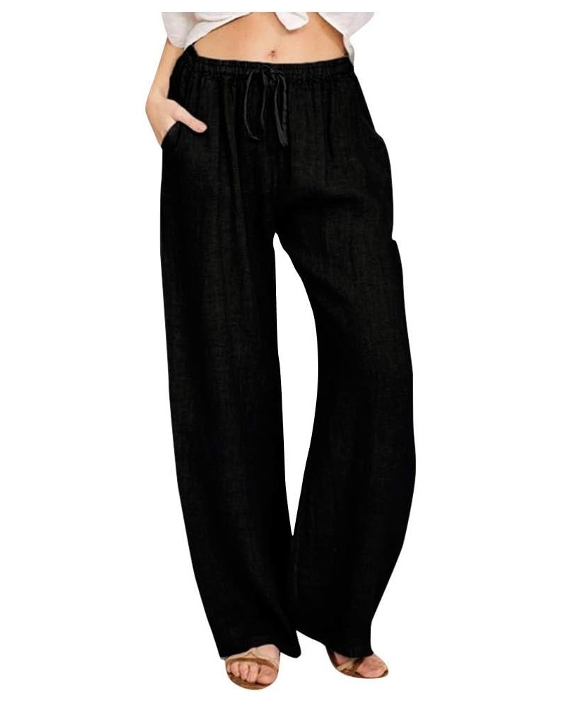 Women's Cotton Linen Casual Pants Summer Elastic High Waist Palazzo Trousers Loose Comfy Beach Trousers Sweatpants F - Black ...