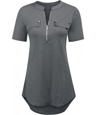 Women's Short Sleeve Zip Flowy Tunic Tops Business Casual Work Office Blouses Shirts Grey $17.31 Blouses