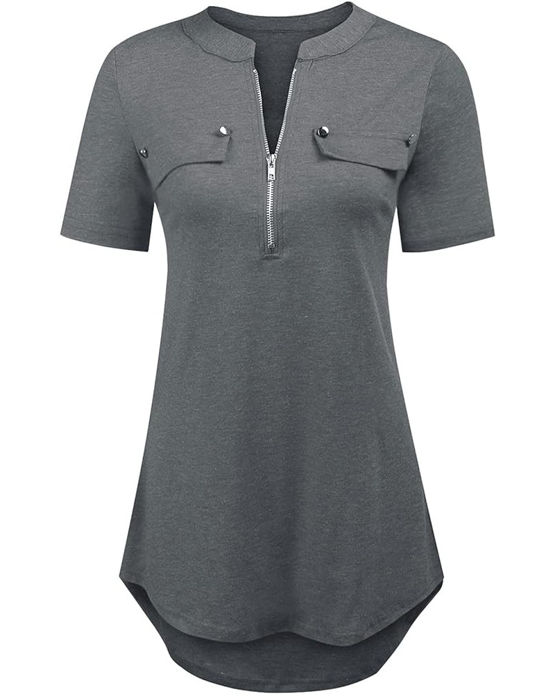 Women's Short Sleeve Zip Flowy Tunic Tops Business Casual Work Office Blouses Shirts Grey $17.31 Blouses