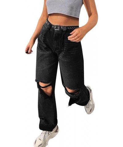 Women High Waisted Baggy Ripped Jeans Boyfriend Fashion Denim Jeans Stretch Trousers E-Girl Y2K Blue Jeans for Teen Girls M2-...