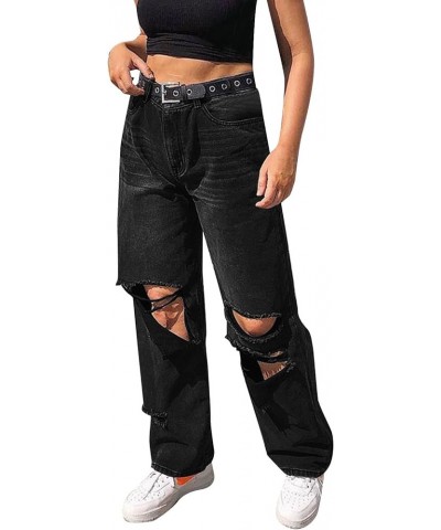 Women High Waisted Baggy Ripped Jeans Boyfriend Fashion Denim Jeans Stretch Trousers E-Girl Y2K Blue Jeans for Teen Girls M2-...