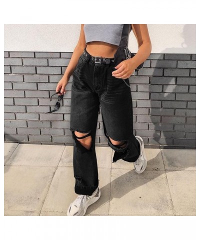 Women High Waisted Baggy Ripped Jeans Boyfriend Fashion Denim Jeans Stretch Trousers E-Girl Y2K Blue Jeans for Teen Girls M2-...