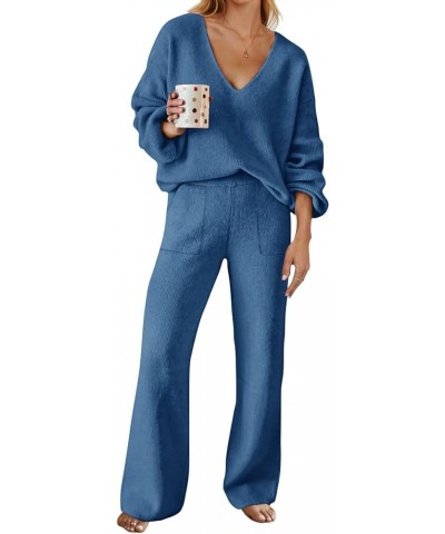 Women's 2 Piece Outfits Long Sleeve V Neck Knit Pullover Tops and Wide Leg Pant Lounge Set Dark Blue $34.55 Sleep & Lounge