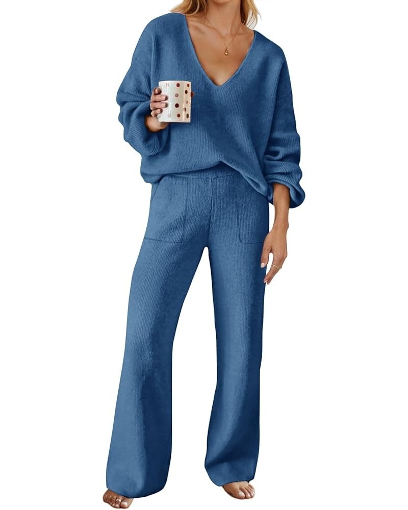 Women's 2 Piece Outfits Long Sleeve V Neck Knit Pullover Tops and Wide Leg Pant Lounge Set Dark Blue $34.55 Sleep & Lounge