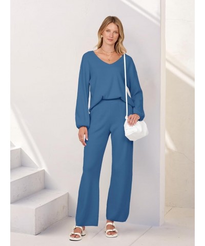 Women's 2 Piece Outfits Long Sleeve V Neck Knit Pullover Tops and Wide Leg Pant Lounge Set Dark Blue $34.55 Sleep & Lounge