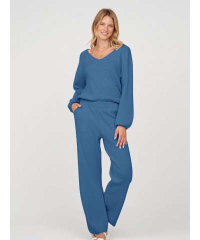 Women's 2 Piece Outfits Long Sleeve V Neck Knit Pullover Tops and Wide Leg Pant Lounge Set Dark Blue $34.55 Sleep & Lounge