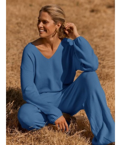 Women's 2 Piece Outfits Long Sleeve V Neck Knit Pullover Tops and Wide Leg Pant Lounge Set Dark Blue $34.55 Sleep & Lounge