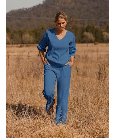 Women's 2 Piece Outfits Long Sleeve V Neck Knit Pullover Tops and Wide Leg Pant Lounge Set Dark Blue $34.55 Sleep & Lounge