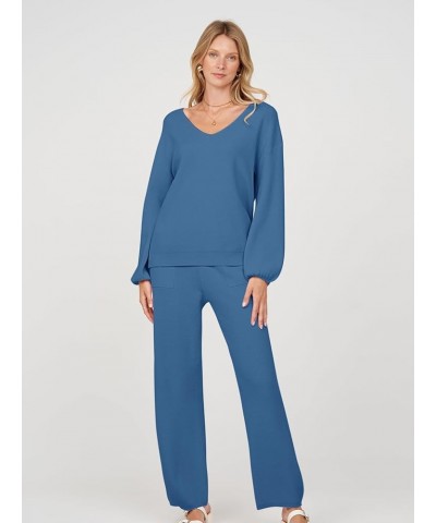 Women's 2 Piece Outfits Long Sleeve V Neck Knit Pullover Tops and Wide Leg Pant Lounge Set Dark Blue $34.55 Sleep & Lounge