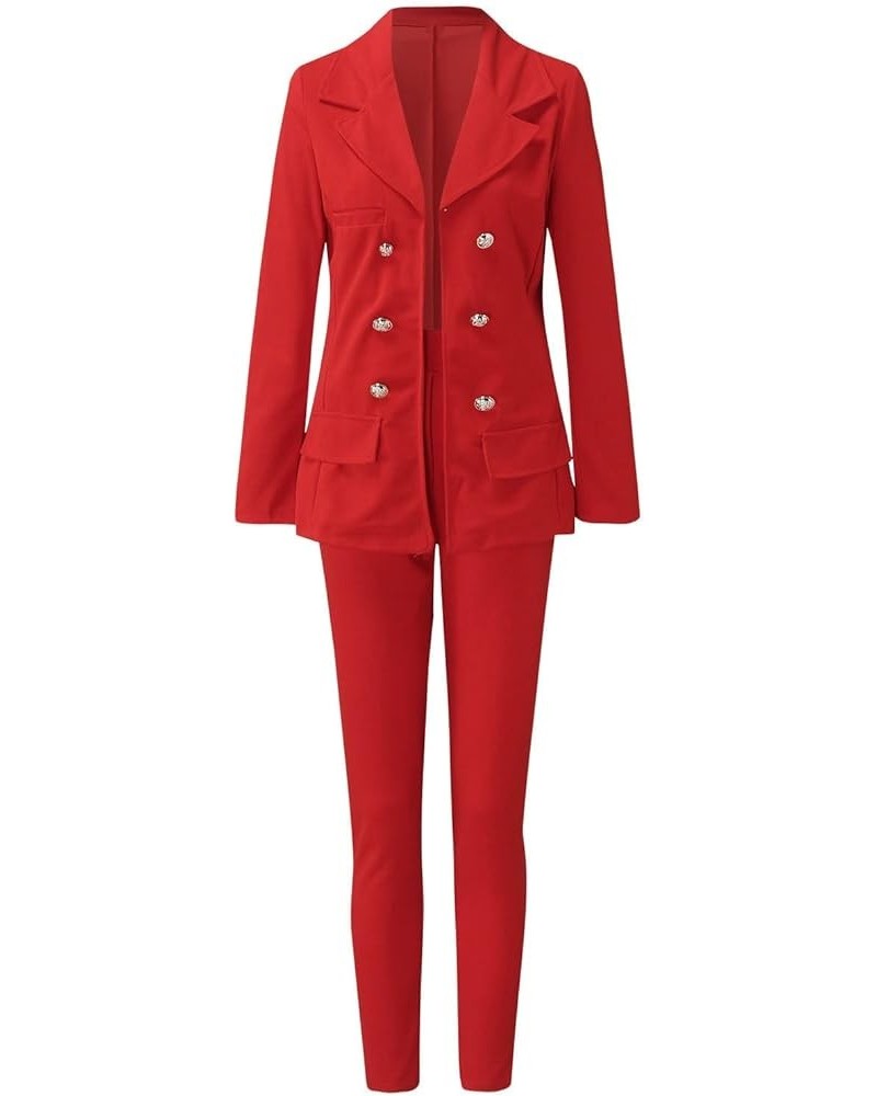 Women 2 Piece Long Sleeve Solid Suit Double-Breasted Blazer and Floor-Length Flared Pants Casual Business Sets Aab05-red $11....