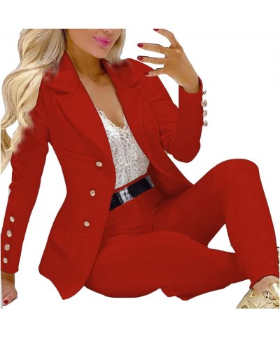 Women 2 Piece Long Sleeve Solid Suit Double-Breasted Blazer and Floor-Length Flared Pants Casual Business Sets Aab05-red $11....