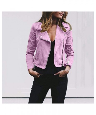 Women's Faux Leather Jacket Lapel Long Sleeve Zip Up Motorcycle Jacket Lightweight Cropped Windbreaker Jacket Coats A-pink $8...