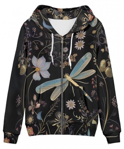 Womens Zip Up Hoodie Oversized Sweatshirt for Women Y2K Hoodies Fall Jackets Dragonfly Boho Floral Black $20.23 Hoodies & Swe...