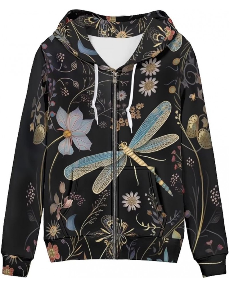 Womens Zip Up Hoodie Oversized Sweatshirt for Women Y2K Hoodies Fall Jackets Dragonfly Boho Floral Black $20.23 Hoodies & Swe...