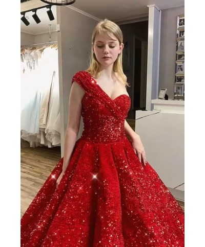 One Shoulder Ruffle Sequin Prom Dresses Sweetheart Wedding Ball Gown for Women Sparkly Formal Evening Gowns Hot Pink $44.60 D...