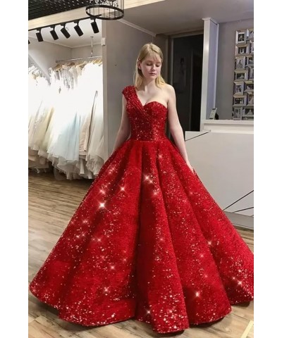 One Shoulder Ruffle Sequin Prom Dresses Sweetheart Wedding Ball Gown for Women Sparkly Formal Evening Gowns Hot Pink $44.60 D...