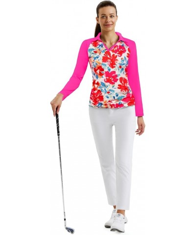 Women Collared Polo Shirts Long Sleeve Workout Tops for Running Hiking Exercise Floral/Hot Pink $14.57 Shirts