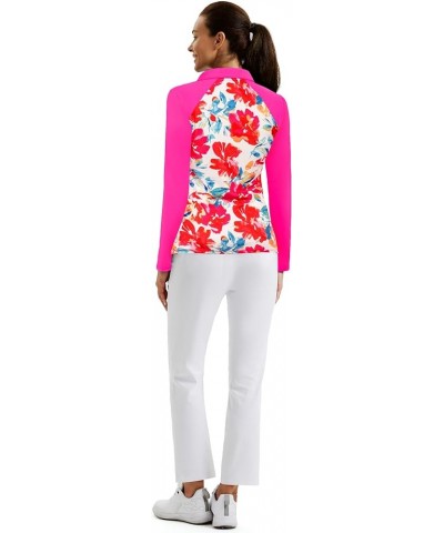 Women Collared Polo Shirts Long Sleeve Workout Tops for Running Hiking Exercise Floral/Hot Pink $14.57 Shirts