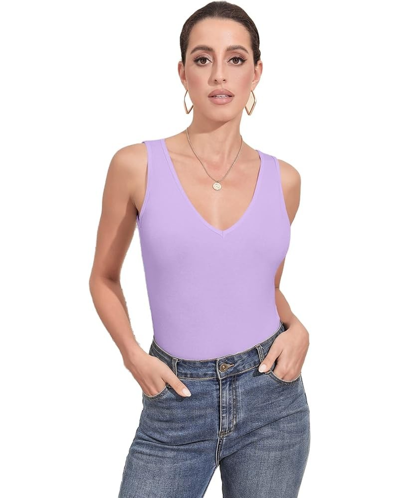 Bodysuit for Women V Neck Sleeveless Soft Comfortable Basic Tank Tops Lavender Purple $8.24 Bodysuits