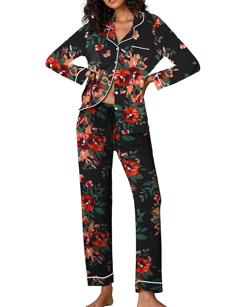 Pajamas Women's Long Sleeve Sleepwear Soft Button Down Loungewear Pjs Lounge Set Nightwear XS-XXL Floral46 - Black $24.43 Sle...