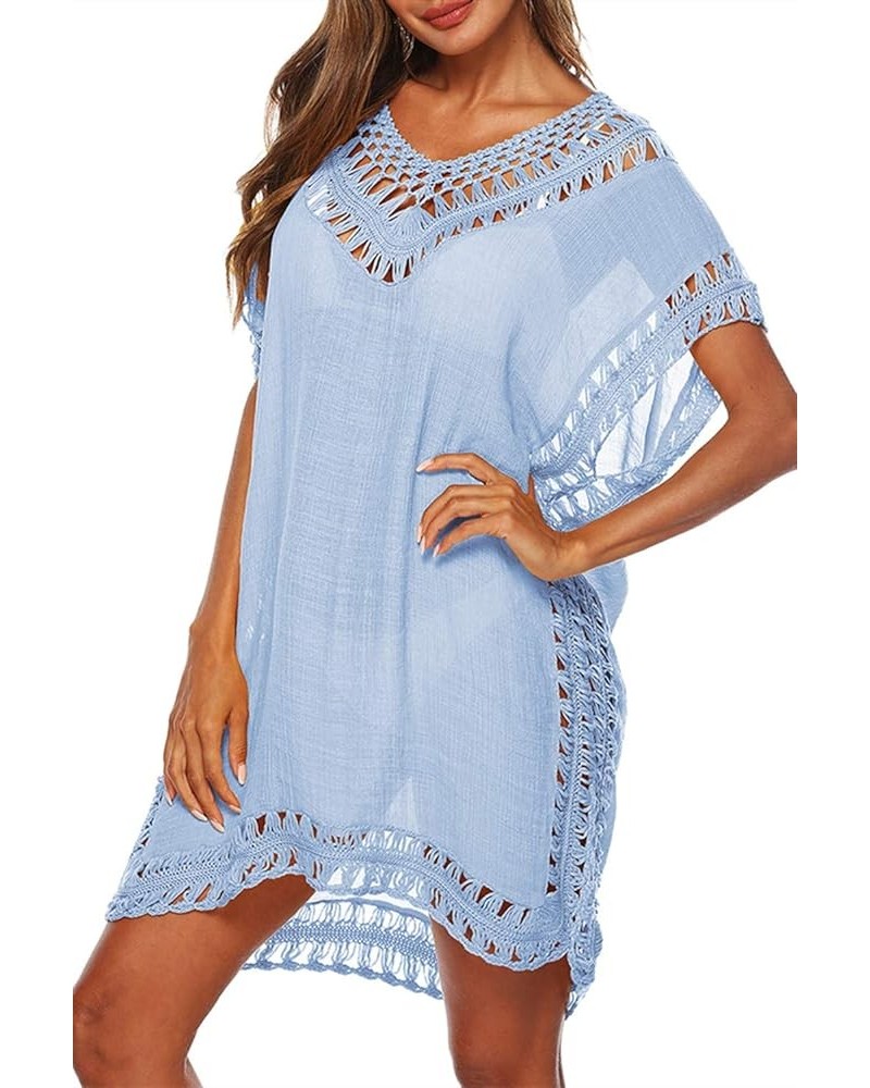 Womens Swimsuits Cover Ups Crochet Chiffon Beach Cover Bathing Suit Bikini Wear Coverups Dress Sky Blue $14.57 Swimsuits