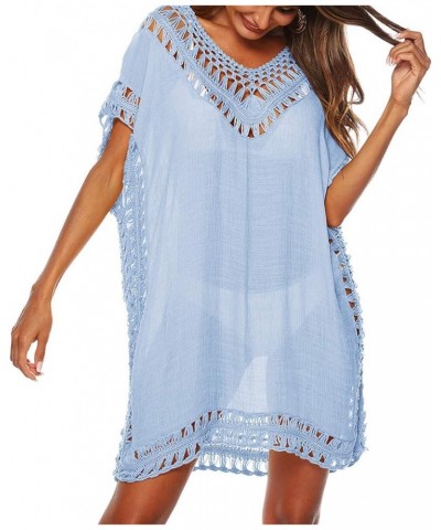 Womens Swimsuits Cover Ups Crochet Chiffon Beach Cover Bathing Suit Bikini Wear Coverups Dress Sky Blue $14.57 Swimsuits