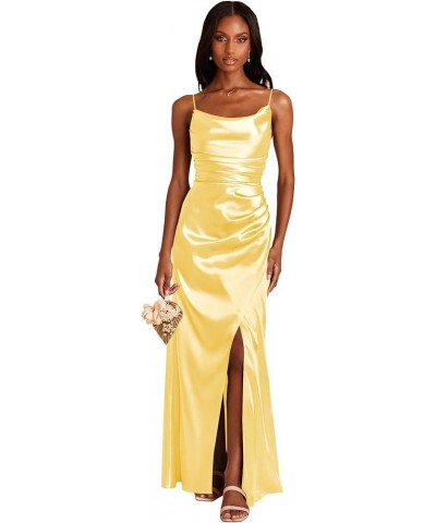 Women's Long Satin Bridesmaid Dresses with Slit Cowl Neck Ruched Mermaid Prom Dress Formal Gown Yellow $30.24 Dresses